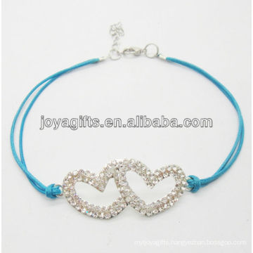 Blue wire Diamante double heart alloy woven bracelet